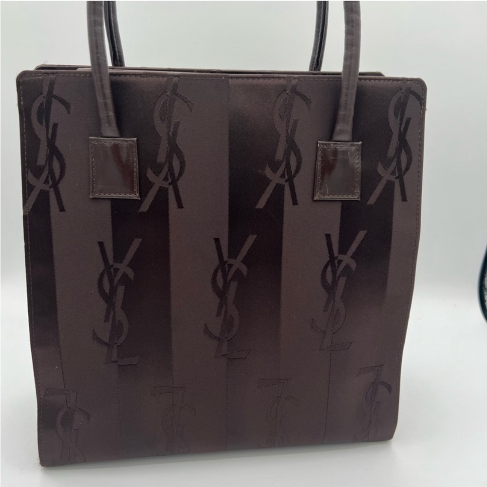 Yves Saint Laurent YSL Logo Brown Stripe Nylon Bag w/leather handles & COA - Picture 5 of 13